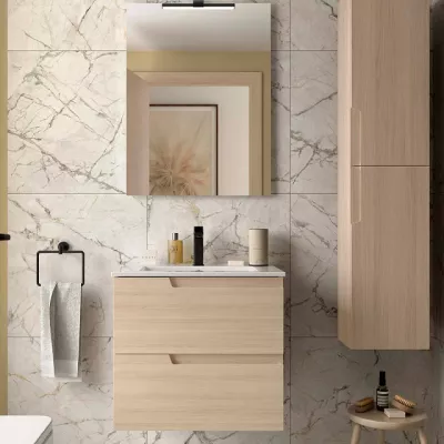Ensemble COMPLET VIMA 61cm Ch�ne Sienna meuble 2 tiroirs + vasque + miroir - SALGAR R�f. 117956