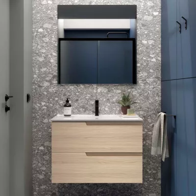 Ensemble COMPLET VIMA 81cm Ch�ne Sienna meuble 2 tiroirs + vasque + miroir  - SALGAR R�f. 117957