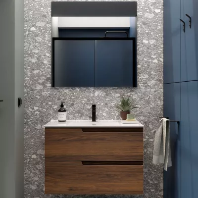 Ensemble COMPLET VIMA 81cm Noyer maya meuble 2 tiroirs + vasque + miroir  - SALGAR R�f. 113492