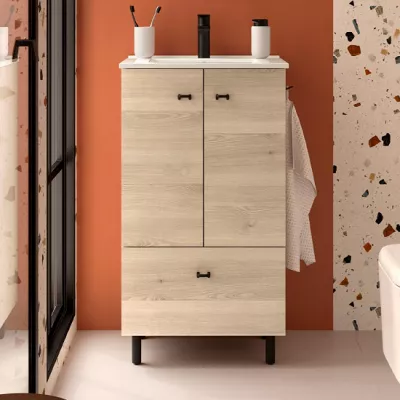 Ensemble INARA 50cm Ch�ne naturel meuble 2 portes 1 tiroir + vasque - SALGAR R�f. 113721