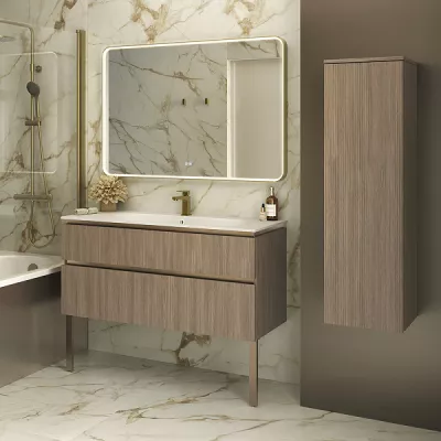Ensemble LEVANTO 121cm meuble 2 tiroirs + plan-vasque (per�� 1 ou 2 trous) - D�cor bois stri� (2 finitions au choix) - DECOTEC