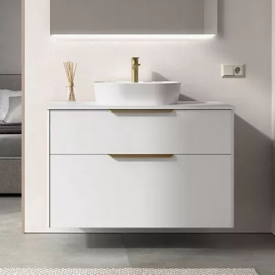 Ensemble LUVA 101cm Blanc satin� meuble 2 tiroirs + plan (poign�es et vasque en option)  - SALGAR R�f. 117761