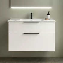 Ensemble LUVA 101cm Blanc satin&eacute; meuble 2 tiroirs + vasque (poign&eacute;es en option)  - SALGAR R&eacute;f. 117755