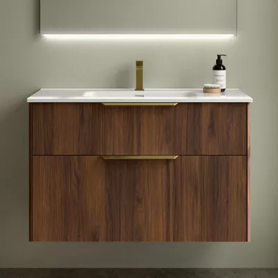 Ensemble LUVA 101cm Noyer maya meuble 2 tiroirs + vasque (poign�es en option)  - SALGAR R�f. 117756