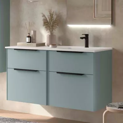 Ensemble LUVA 121cm Aqua meuble 4 tiroirs + vasque avec plan � gauche (poign�es en option) - SALGAR R�f. 119776