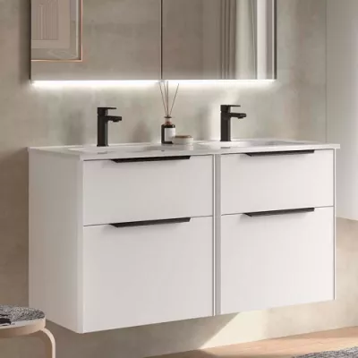 Ensemble LUVA 121cm Blanc satin� meuble 4 tiroirs + vasque (poign�es en option) - SALGAR R�f. 119761