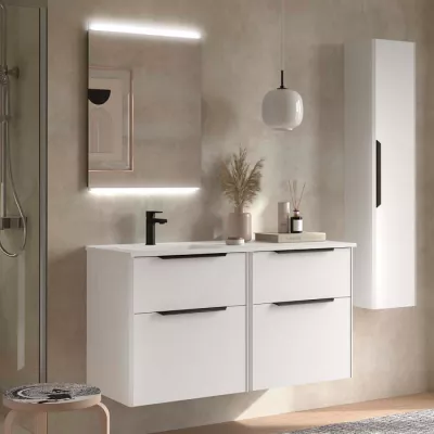 Ensemble LUVA 121cm Blanc satin� meuble 4 tiroirs + vasque avec plan � droite + miroir (poign�es en option)  - SALGAR 119777