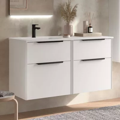 Ensemble LUVA 121cm Blanc satin� meuble 4 tiroirs + vasque avec plan � droite  (poign�es en option) - SALGAR R�f. 119769