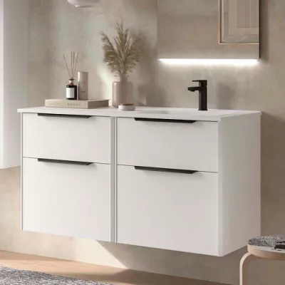 Ensemble LUVA 121cm Blanc satin� meuble 4 tiroirs + vasque avec plan � gauche (poign�es en option) - SALGAR R�f. 119773