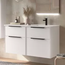 Ensemble LUVA 121cm Blanc satin&eacute; meuble 4 tiroirs + vasque avec plan &agrave; gauche (poign&eacute;es en option) - SALGAR R&eacute;f. 119773