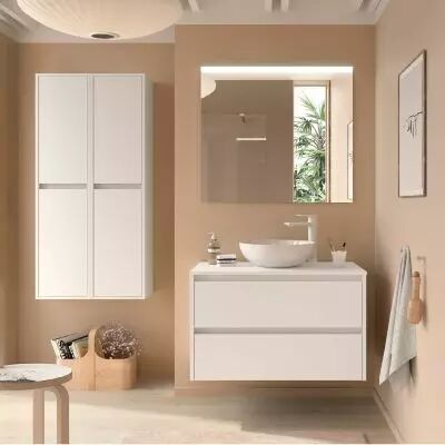 Ensemble NOJA 100cm meuble 2 tiroirs Blanc brillant + plan (vasque & miroir en option) - Salgar R�f. 105507