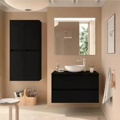 Ensemble NOJA 100cm meuble 2 tiroirs Noir satin� + plan (vasque & miroir en option) - Salgar R�f. 105509