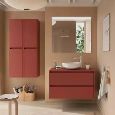 Ensemble NOJA 100cm meuble 2 tiroirs Rouge satin� + plan (vasque & miroir en option) - Salgar R�f. 105512