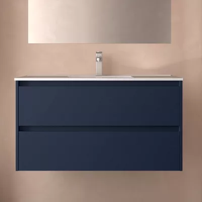 Ensemble NOJA 101cm meuble 2 tiroirs Bleu satin� + vasque (miroir en option) - SALGAR R�f. 106091