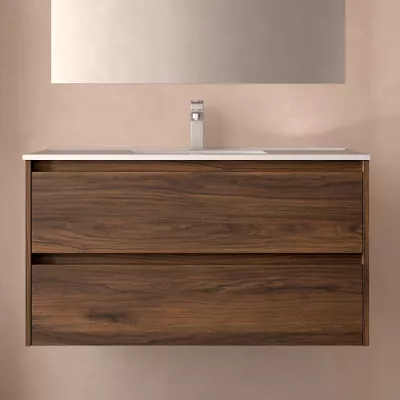 Ensemble NOJA 101cm meuble 2 tiroirs Noyer maya + vasque (miroir en option) - SALGAR R�f. 106096