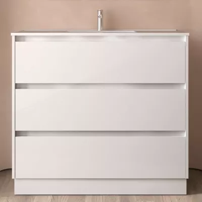 Ensemble NOJA 101cm meuble 3 tiroirs Blanc brillant + vasque (plinthe & miroir en option) - SALGAR R�f. 106223