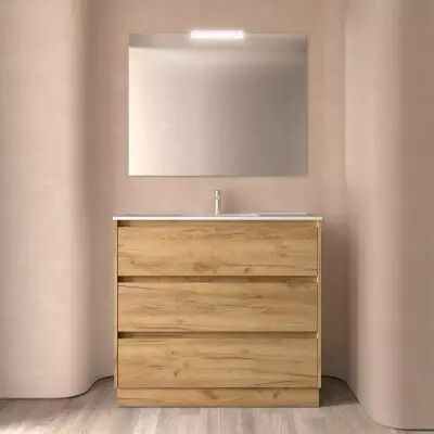 Ensemble NOJA 101cm meuble 3 tiroirs Ch�ne Africain + vasque (plinthe & miroir en option) - Salgar R�f. 106284