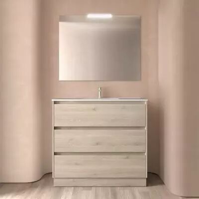 Ensemble NOJA 101cm meuble 3 tiroirs Ch�ne naturel + vasque (plinthe & miroir en option) - Salgar R�f. 106283