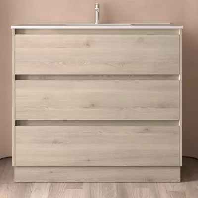 Ensemble NOJA 101cm meuble 3 tiroirs Ch�ne naturel + vasque (plinthe & miroir en option) - SALGAR R�f. 106229