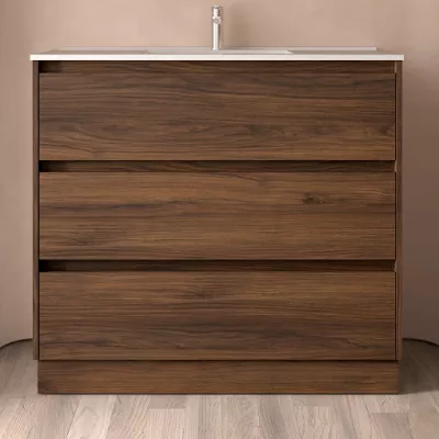 Ensemble NOJA 101cm meuble 3 tiroirs Noyer maya + vasque (plinthe & miroir en option)  - SALGAR R�f. 106231