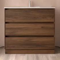 Ensemble NOJA 101cm meuble 3 tiroirs Noyer maya + vasque (plinthe & miroir en option)  - SALGAR R&eacute;f. 106231
