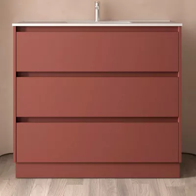 Ensemble NOJA 101cm meuble 3 tiroirs Rouge satin� + vasque (plinthe & miroir en option)- SALGAR R�f. 106228
