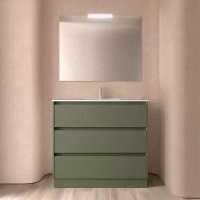 Ensemble NOJA 101cm meuble 3 tiroirs Vert satin� + vasque (plinthe & miroir en option) - Salgar R�f. 106281