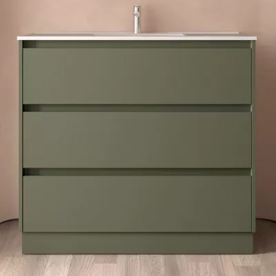 Ensemble NOJA 101cm meuble 3 tiroirs Vert satin� + vasque (plinthe & miroir en option) - SALGAR R�f. 106227
