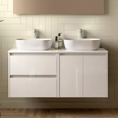 Ensemble NOJA 120cm meuble 2 tiroirs 2 portes Blanc brillant + plan (vasque & miroir en option) - SALGAR R�f. 113465