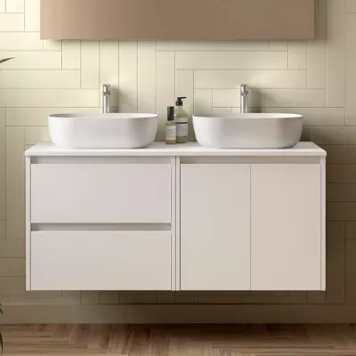 Ensemble NOJA 120cm meuble 2 tiroirs 2 portes Blanc satin� + plan (vasque & miroir en option) - SALGAR R�f. 113466