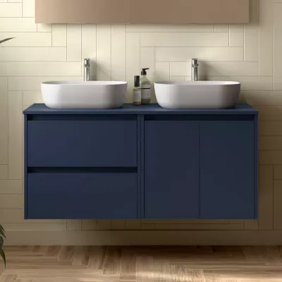 Ensemble NOJA 120cm meuble 2 tiroirs 2 portes Bleu satin� + plan (vasque & miroir en option) - SALGAR R�f. 113468