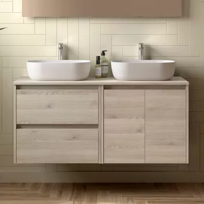 	Ensemble NOJA 120cm meuble 2 tiroirs 2 portes Ch�ne naturel + plan (vasque & miroir en option) - SALGAR R�f. 113471