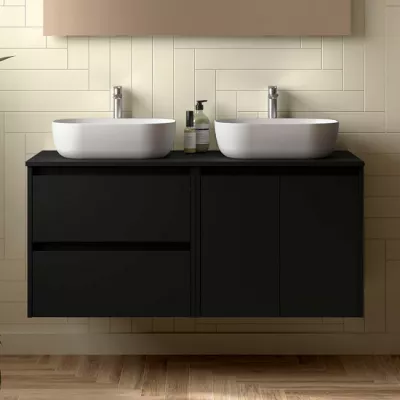 Ensemble NOJA 120cm meuble 2 tiroirs 2 portes Noir satin� + plan (vasque & miroir en option) - SALGAR R�f. 113467