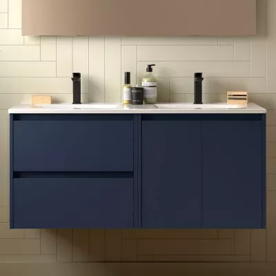 Ensemble NOJA 121cm meuble 2 tiroirs 2 portes Bleu satin� + vasque double (miroir en option) - SALGAR R�f. 113441