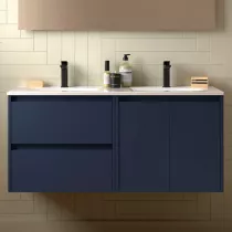 Ensemble NOJA 121cm meuble 2 tiroirs 2 portes Bleu satin&eacute; + vasque double (miroir en option) - SALGAR R&eacute;f. 113441