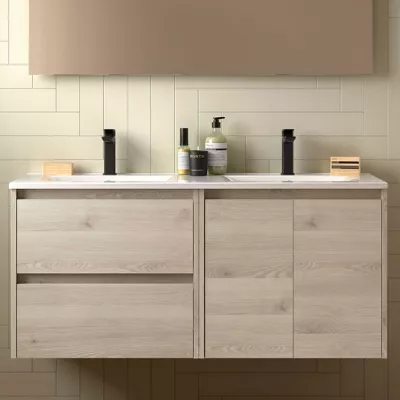 Ensemble NOJA 121cm meuble 2 tiroirs 2 portes Ch�ne naturel + vasque double (miroir en option) - SALGAR R�f. 113444