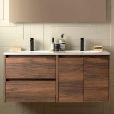 Ensemble NOJA 121cm meuble 2 tiroirs 2 portes Noyer maya + vasque double (miroir en option) - SALGAR R�f. 113446