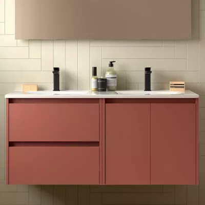 Ensemble NOJA 121cm meuble 2 tiroirs 2 portes Rouge satin� + vasque double (miroir en option) - SALGAR R�f. 113443