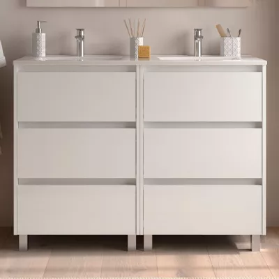 Ensemble NOJA 121cm meuble 3 tiroirs Blanc brillant + vasque (plinthe & miroir en option) - SALGAR R�f. 106232