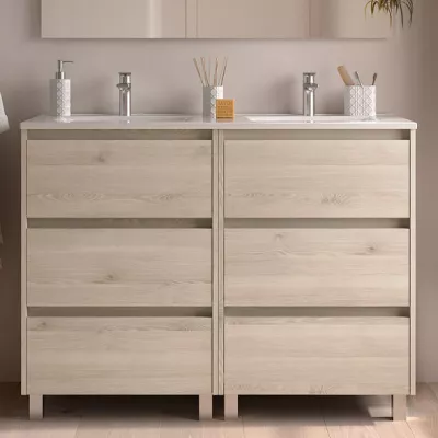 Ensemble NOJA 121cm meuble 3 tiroirs Ch�ne naturel + vasque (plinthe & miroir en option)  - SALGAR R�f. 106238