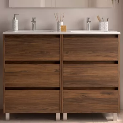 Ensemble NOJA 121cm meuble 3 tiroirs Noyer maya + vasque (plinthe & miroir en option)- SALGAR R�f. 106240