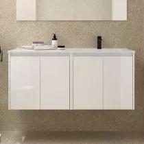 Ensemble NOJA 121cm meuble 4 portes Blanc brillant + vasque &agrave; droite plan &agrave; gauche (miroir en option) - SALGAR R&eacute;f. 118771