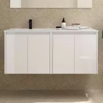 Ensemble NOJA 121cm meuble 4 portes Blanc brillant + vasque &agrave; gauche plan &agrave; droite (miroir en option) - SALGAR R&eacute;f. 118761