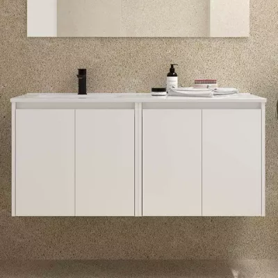 Ensemble NOJA 121cm meuble 4 portes Blanc satin� + vasque � gauche plan � droite (miroir en option) - SALGAR R�f. 118762
