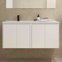 Ensemble NOJA 121cm meuble 4 portes Blanc satin&eacute; + vasque &agrave; gauche plan &agrave; droite (miroir en option) - SALGAR R&eacute;f. 118762
