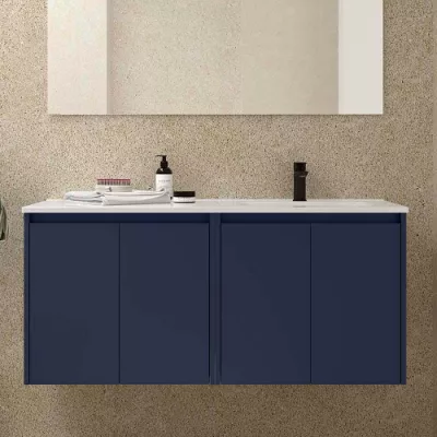 Ensemble NOJA 121cm meuble 4 portes Bleu satin� + vasque � droite plan � gauche (miroir en option) - SALGAR R�f. 118774