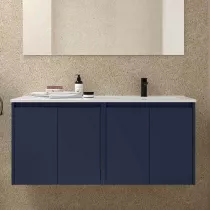 Ensemble NOJA 121cm meuble 4 portes Bleu satin&eacute; + vasque &agrave; droite plan &agrave; gauche (miroir en option) - SALGAR R&eacute;f. 118774