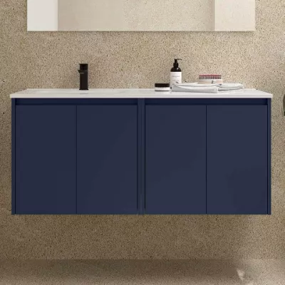 Ensemble NOJA 121cm meuble 4 portes Bleu satin� + vasque � gauche plan � droite (miroir en option) - SALGAR R�f. 118764