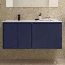Ensemble NOJA 121cm meuble 4 portes Bleu satin&eacute; + vasque &agrave; gauche plan &agrave; droite (miroir en option) - SALGAR R&eacute;f. 118764