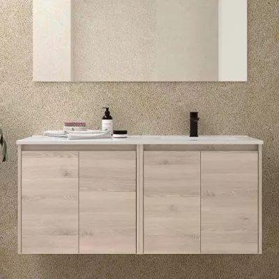 Ensemble NOJA 121cm meuble 4 portes Ch�ne naturel + vasque � droite plan � gauche (miroir en option)  - SALGAR R�f. 118777
